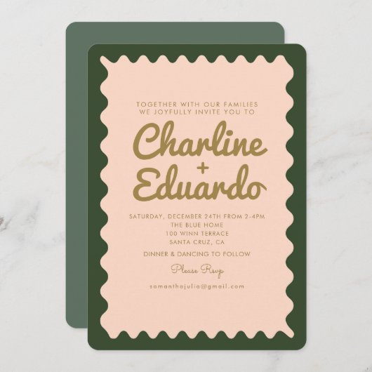 Retro Wavy Groovy Groen Roze Bruiloft Kaart (Voorkant / Achterkant)