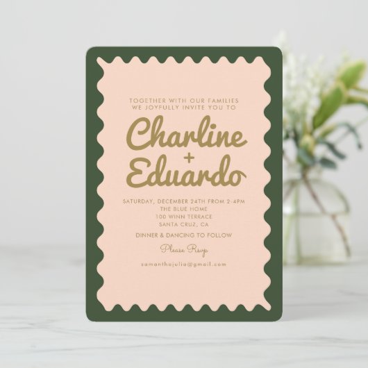 Retro Wavy Groovy Groen Roze Bruiloft Kaart (Staand voorkant)