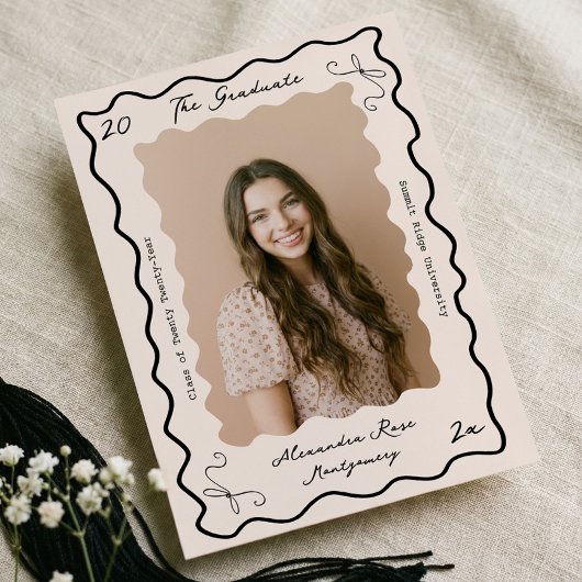 Retro Wavy Hand Drawn Bow Grad Photo Graduation Aankondiging