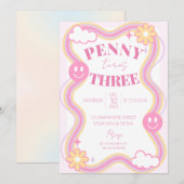 Retro Wavy Kinder Meisjes Verjaardagsfeestuitnodig Kaart (Voorkant / Achterkant)