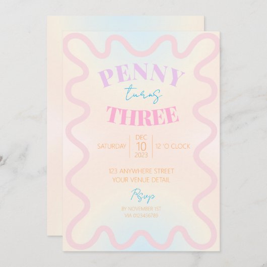 Retro Wavy Kinder Meisjes Verjaardagsfeestuitnodig Kaart (Voorkant / Achterkant)