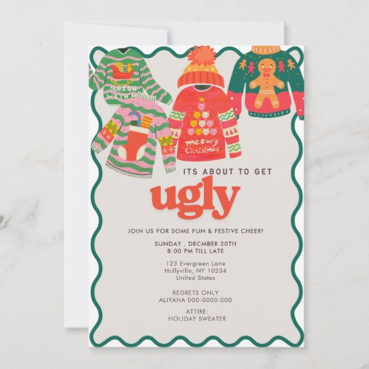 Retro Wavy Lelijke Trui Kerstfeest Kaart (Voorkant)