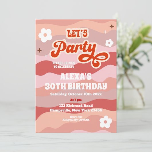 Retro Wavy Let's Party Uitnodiging voor volwassen  (Staand voorkant)