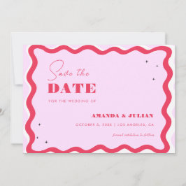 Retro Wavy Lijst 70s Roze en Rode Fotozeven Save The Date