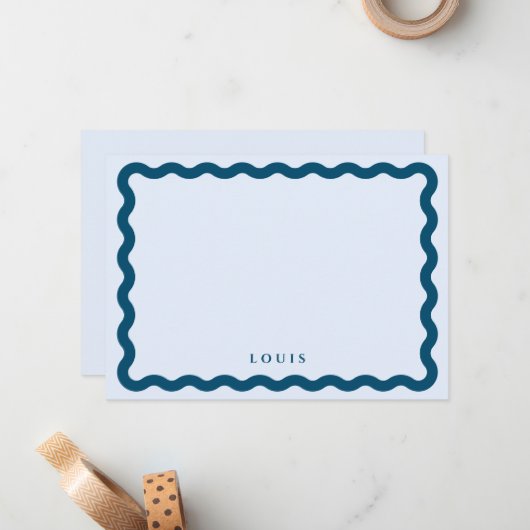 Retro Wavy Lijst Blue Personal Note Card Notitiekaartje (Voorkant / Achterkant in situ)
