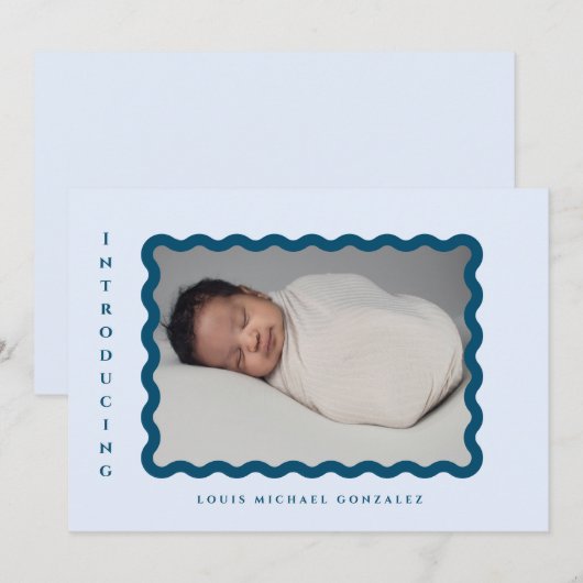 Retro Wavy Lijst Foto Blauwe Aankondiging geboorte (Voorkant / Achterkant)
