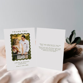 Retro Wavy Lijst Foto groen en wit huwelijk Bedankkaart