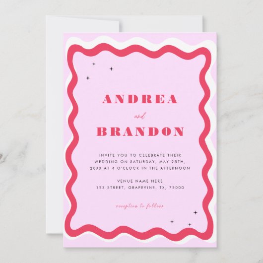 Retro Wavy Lijst QR code 70s allen in één bruiloft Kaart (Voorkant)