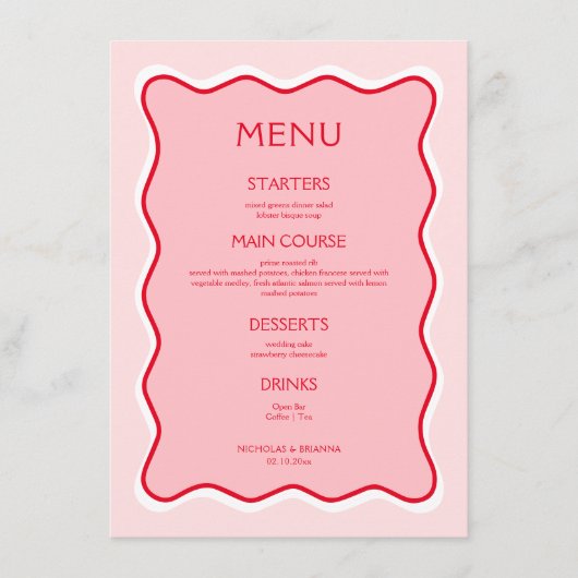 Retro Wavy Lijst Rood en Roze bruiloft Menu (Voorkant)