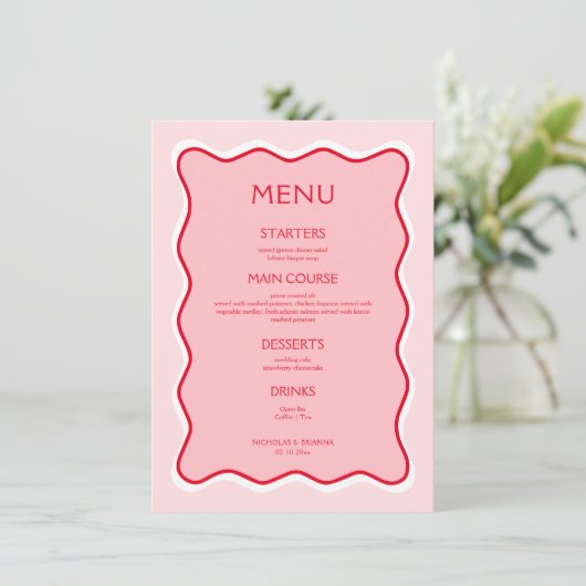 Retro Wavy Lijst Rood en Roze bruiloft Menu (Staand voorkant)