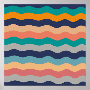 Retro Wavy Lines - Blue Turquoise Oranje Poster