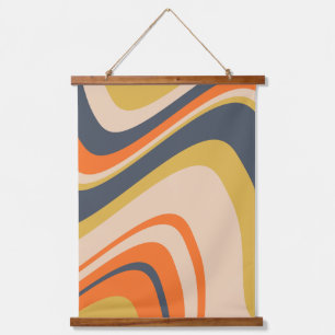 Retro Wavy Lines - Oranje, marineachtig, geel, bei Hangend Wandkleed