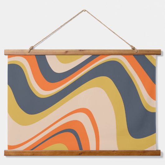 Retro Wavy Lines - Oranje, marineachtig, geel, bei Hangend Wandkleed (Voorkant)
