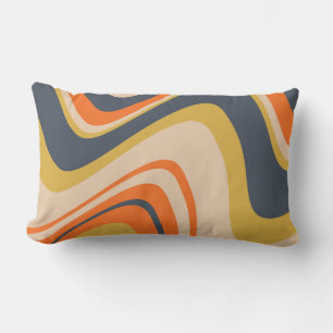 Retro Wavy Lines - Oranje, marineachtig, geel, bei Kussen