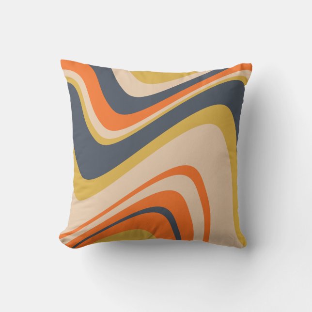 Retro Wavy Lines - Oranje, marineachtig, geel, bei Kussen (Voorkant)