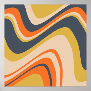 Retro Wavy Lines - Oranje, marineachtig, geel, bei Poster