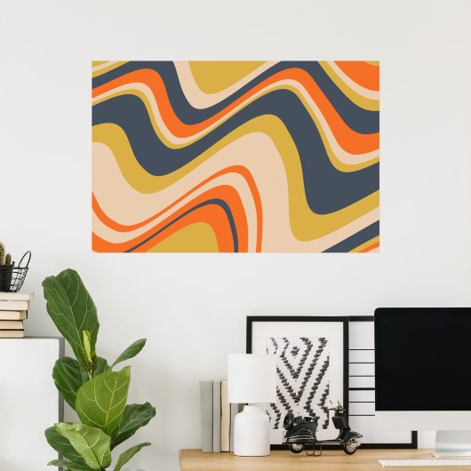 Retro Wavy Lines - Oranje, marineachtig, geel, bei Poster (Thuiskantoor)