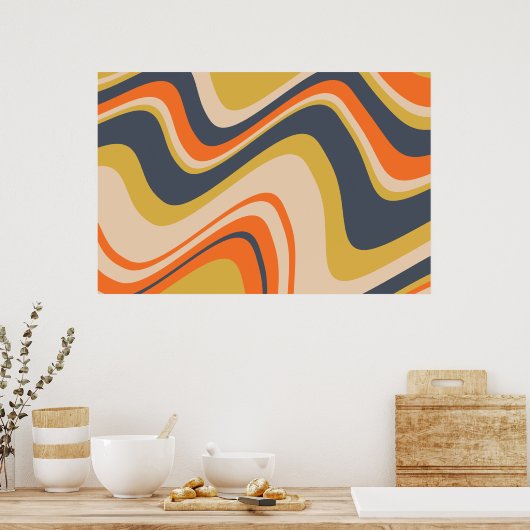 Retro Wavy Lines - Oranje, marineachtig, geel, bei Poster (Keuken)
