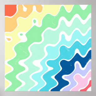 Retro Wavy Lines Pastel Rainbow Colors Patroon Poster
