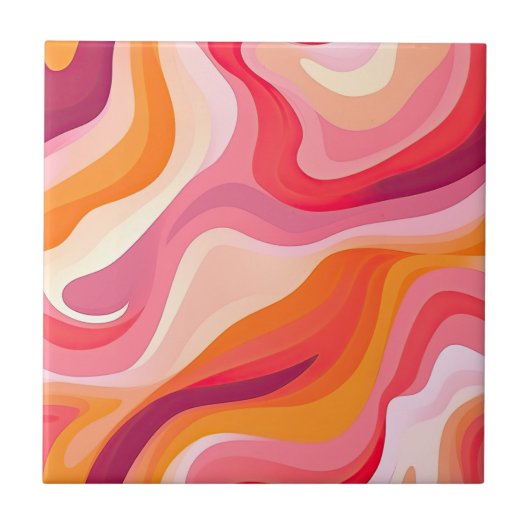 Retro Wavy Patroon Boho Esthetisch Roze Tegeltje (Voorkant)