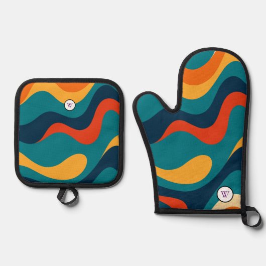 Retro Wavy Pattern Modern Abstract Ovenwant & Pannenlap Set (Voorkant)