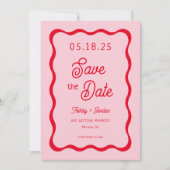 Retro Wavy Pink and Red Wave Wedding Save The Date (Voorkant)