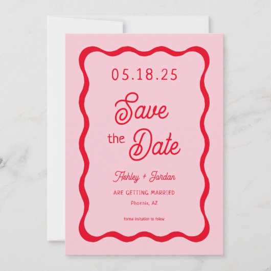 Retro Wavy Pink and Red Wave Wedding Save The Date (Voorkant)