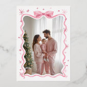 Retro Wavy Pink Bow Ribbon & Stars Foto's Collage Folie Feestdagenkaart (Achterkant)