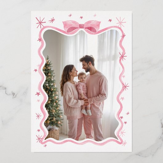 Retro Wavy Pink Bow Ribbon & Stars Foto's Collage Folie Feestdagenkaart (Achterkant)