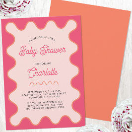 Retro Wavy Pink Curve-Baby shower Kaart