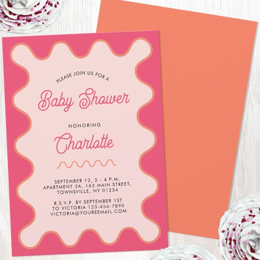 Retro Wavy Pink Curve-Baby shower Kaart