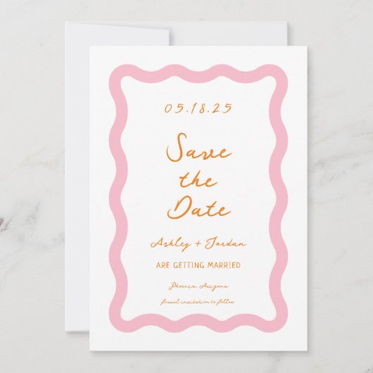 Retro Wavy Pink Oranje Wave Wedding Save The Date (Voorkant)