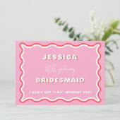 Retro Wavy Pink Red Photo Bridesmaid Voorstel Kaart (Staand voorkant)