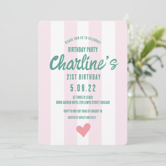 Retro Wavy Roze Gestreept Handschrift 21e Verjaard Kaart (Staand voorkant)