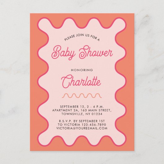 Retro Wavy Roze Oranje Baby Shower Uitnodiging (Voorkant)