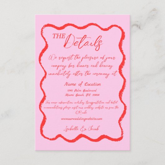 Retro Wavy Roze & Rood Handgeschreven Bruiloft Det Informatiekaartje (Voorkant)