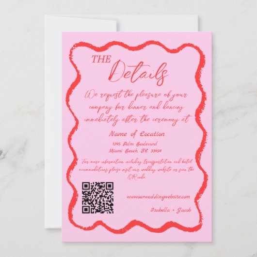 Retro Wavy Roze & Rood Handgeschreven Bruiloft Det Kaart (Voorkant)