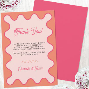 Retro Wavy Roze Sinaasappel Curve Baby shower Bedankkaart