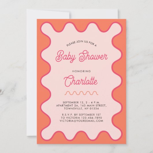Retro Wavy Roze Sinaasappel Curve Baby shower Kaart (Voorkant)