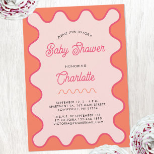 Retro Wavy Roze Sinaasappel Curve Baby shower Kaart