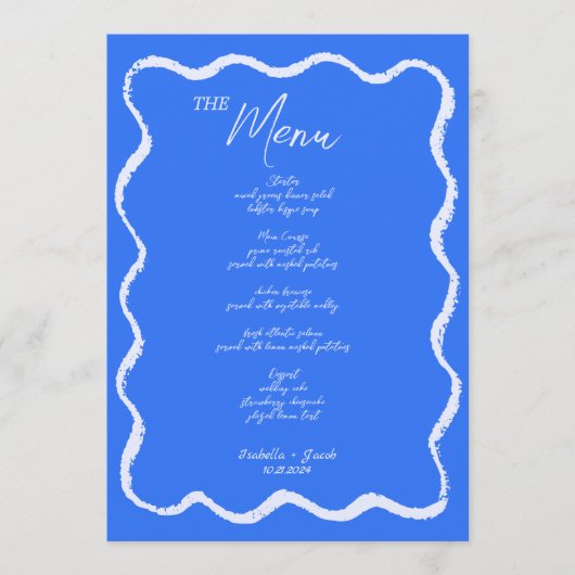 Retro Wavy Squiggle Blauw Handgeschreven Bruiloft Menu (Voorkant)