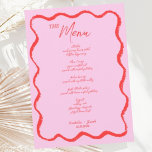 Retro Wavy Squiggle Roze Rood Handgeschreven Bruil Menu<br><div class="desc">Een trendy golvende rand handgeschreven krabbel stijl bruiloft menukaart volgens de nieuwste trend in bruiloft briefpapier.</div>