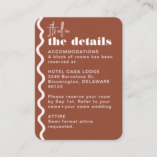 Retro Wavy Squiggly Terracotta Wedding Details Informatiekaartje (Voorkant)