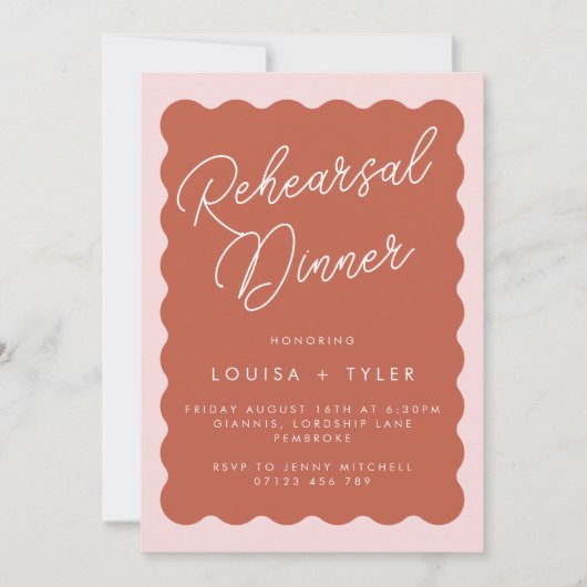 Retro Wavy Terracotta & Blush Rehearsal Dinner Kaart (Voorkant)