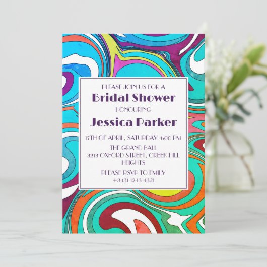 Retro Wavy Unieke Kleurrijke Bruiloft Feest Kaart (Staand voorkant)