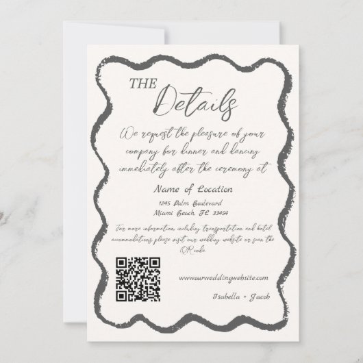 Retro Wavy Zwart Wit Handgeschreven Bruiloft Detai Kaart (Voorkant)