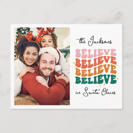 Retro we geloven in Santa Christmas familie foto Feestdagenkaart (Voorkant)