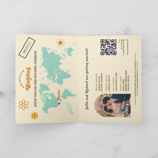 Retro Wedding Destination Passport Map QR Code (Binnen)
