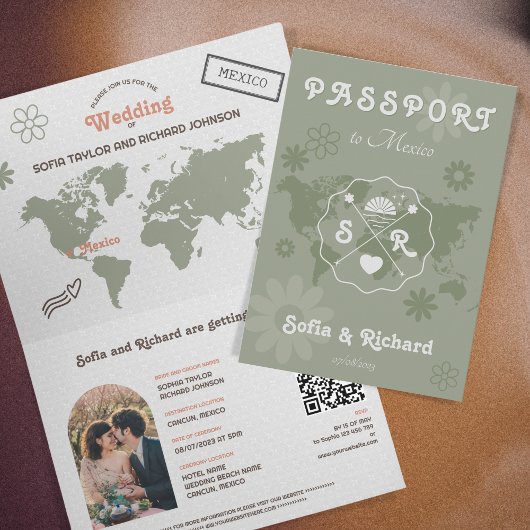Retro Wedding Destination Passport Map QR Code