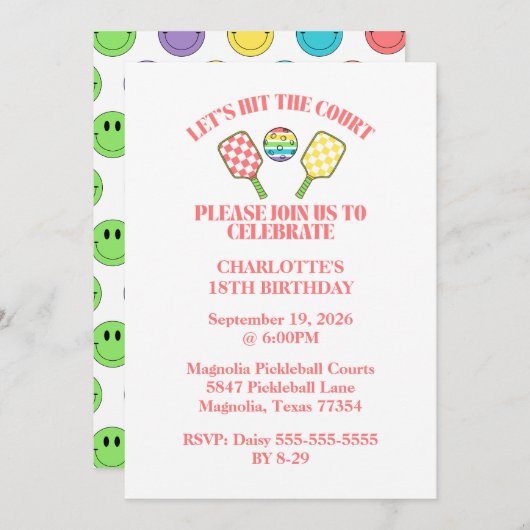 Retro Wees Blij Gezicht Pickleball Regenboog Verja Kaart (Voorkant / Achterkant)